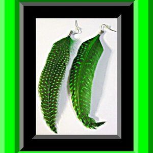 Black & Green Dangle Feather Earrings Native Ethnic Tribal Bohemian Design